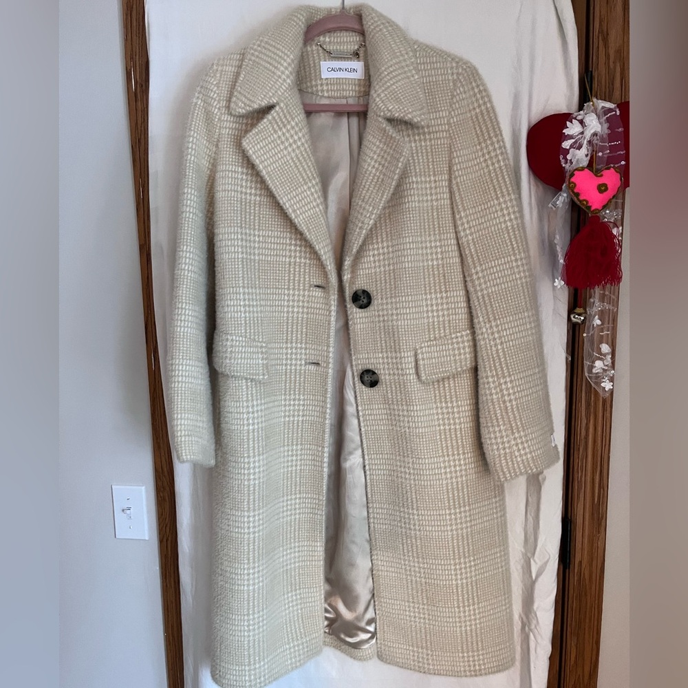 Calvin Klein Cream Plaid Heavy Trench Coat Size M